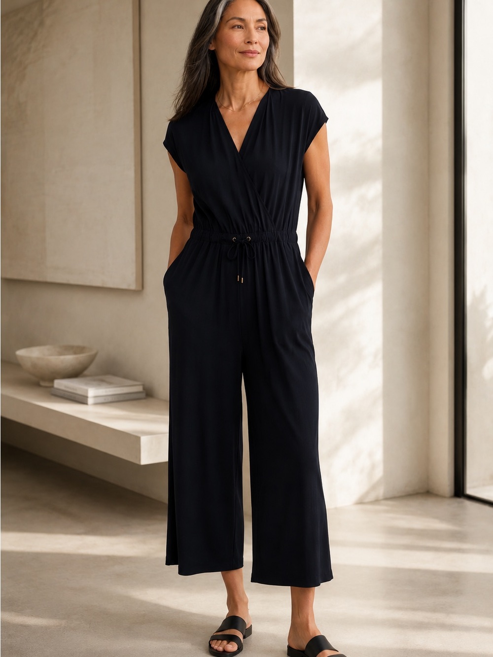 Eileen Fisher Black V-Neck Drawstring Wide-Leg Jumpsuit